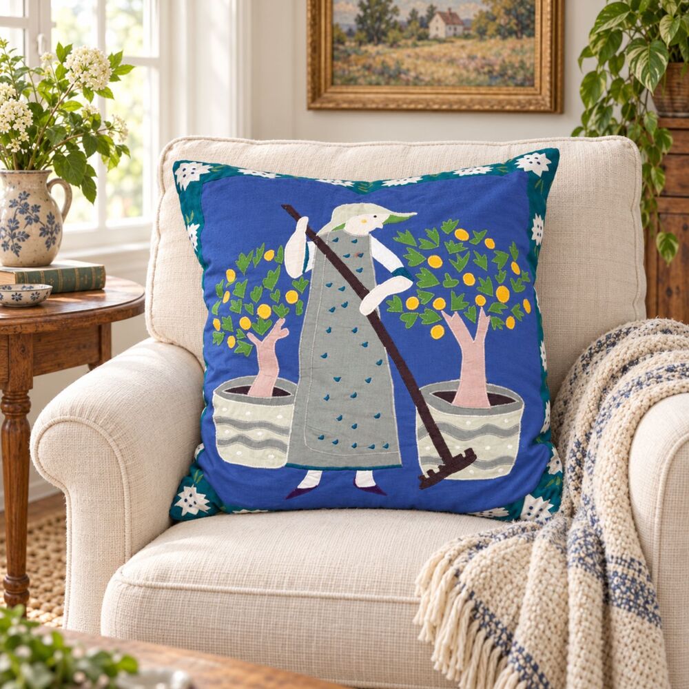 Susan Sargent Designs Gardener Appliqué Throw Pillow Folk Art Floral Trees 20x19